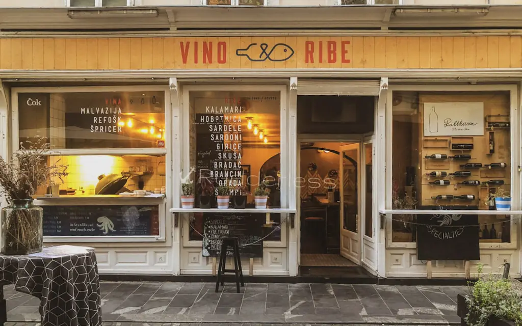 front view of the Vino & Ribe restaurant in Ljubljana
