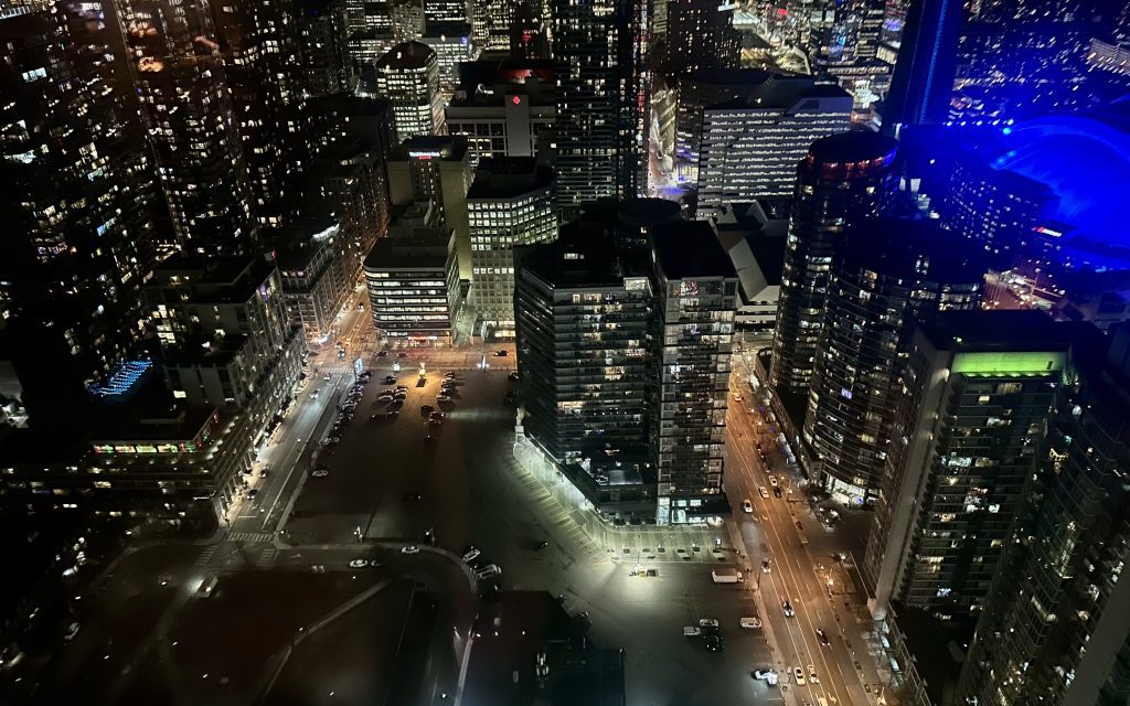 overhead view of the Toronto city skyline at night